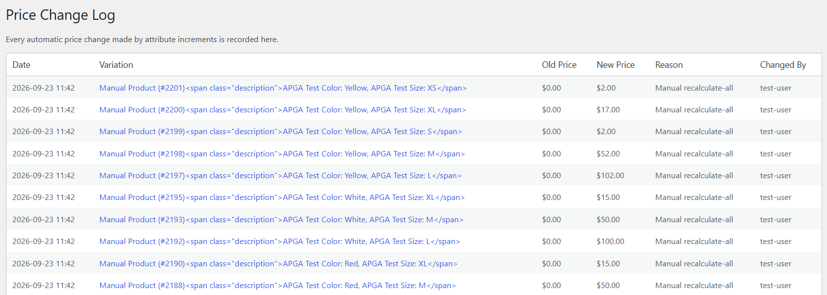 Screenshot placeholder: Price Change Log admin page