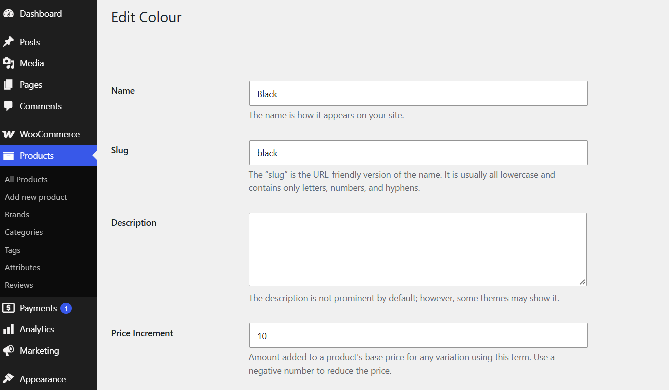 Screenshot placeholder: Attribute Price Increments admin page